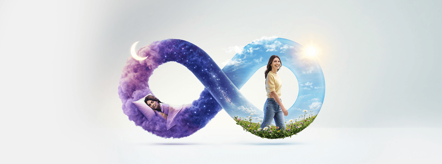 Infinity symbol showing a woman sleeping at night transitioning to walking during the day