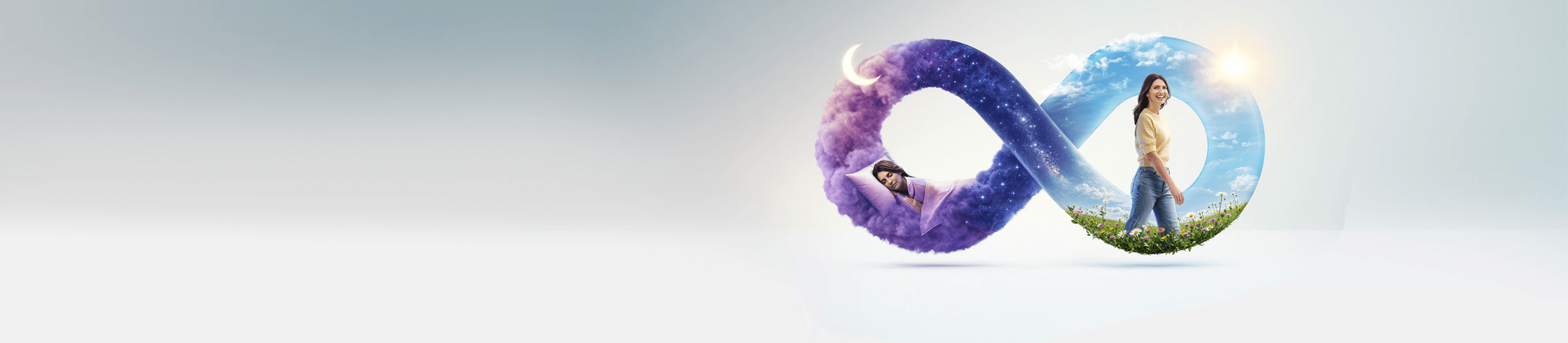 Infinity symbol showing a woman sleeping at night transitioning to walking through a meadow during the day