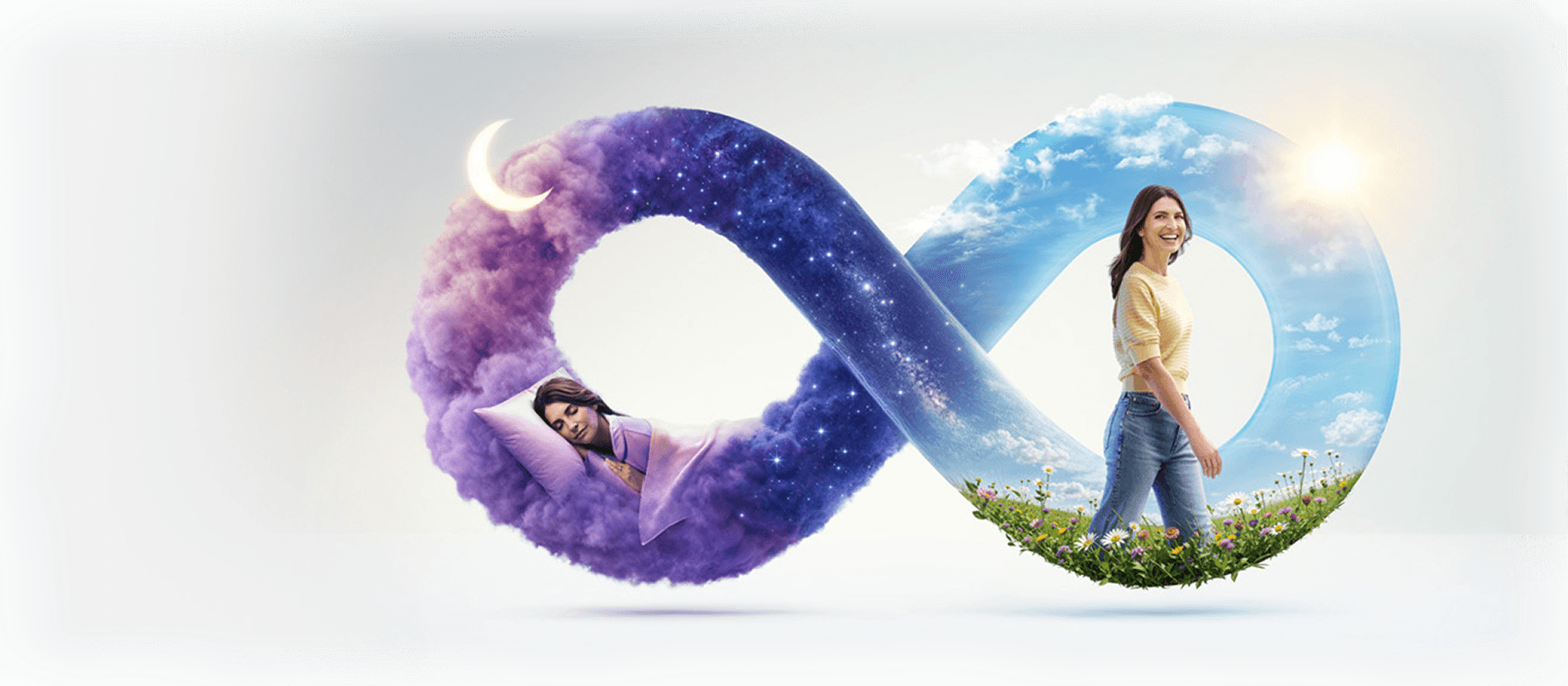Infinity symbol showing a woman sleeping at night transitioning to walking through a meadow during the day